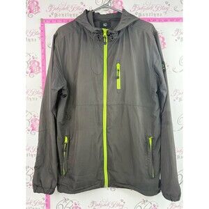 tentree jacket coat zip up Men's Gray Raincoat with Neon Yellow Zippers